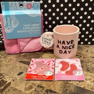 Self Care Bundle: Face & Body Exfoliating Washcloth Duo, Mug, Eye masks 🩷